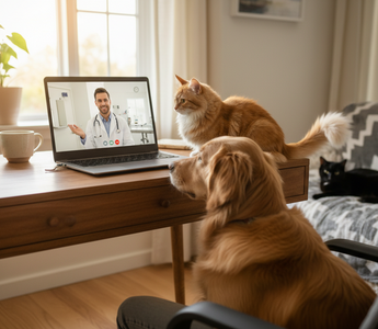 Online veterinarian consultation with dog and cat during video call