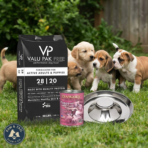 Puppy Starter Feeding Kit – Valu-Pak Free 28/20 Dog Food + Flying Saucer Feeder + Heritage Classic Puppy Food